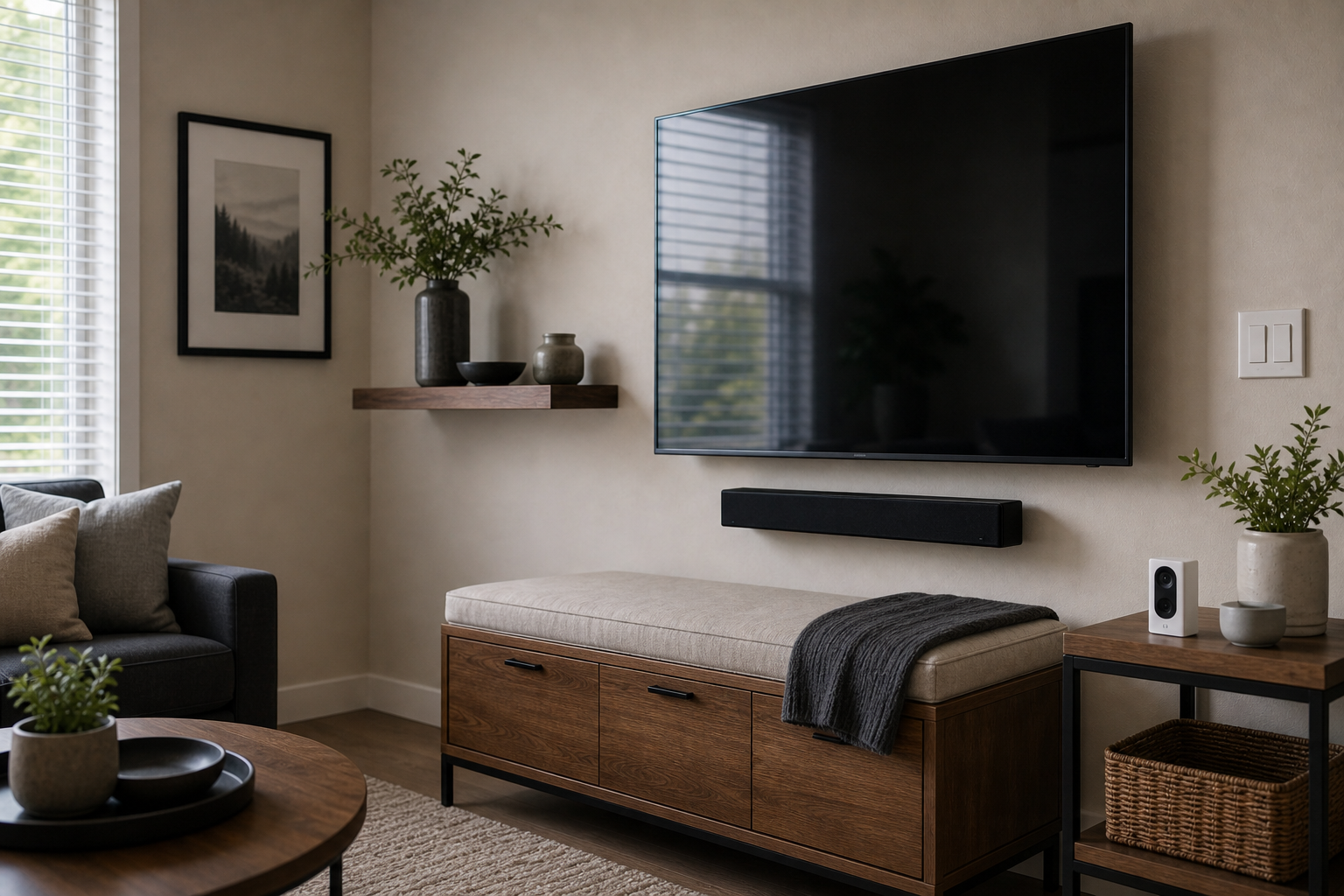 Wall-mounted TV and soundbar in a finished living room
