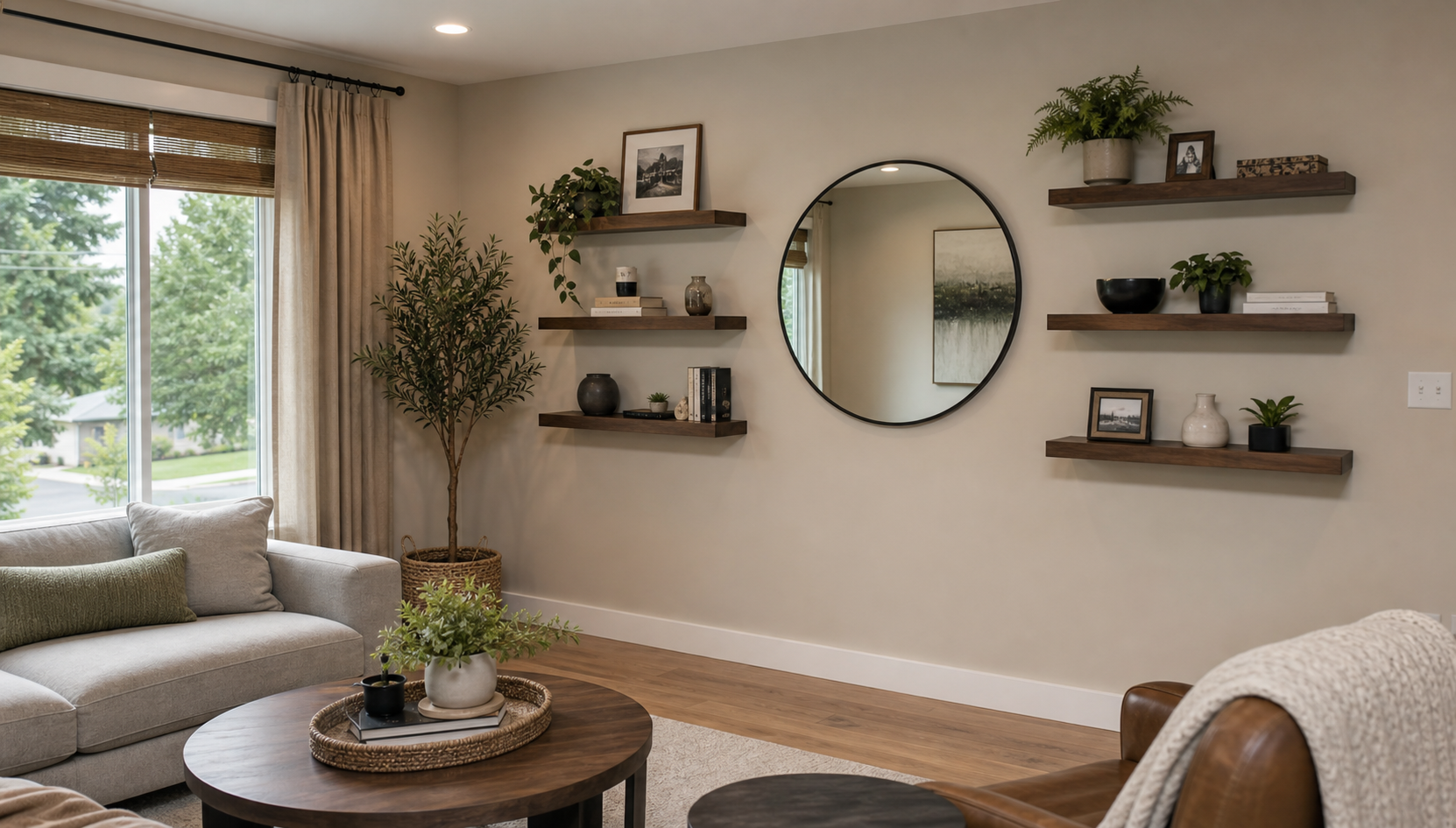 Level wall shelving installed in a finished living space
